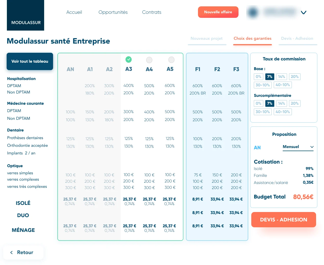 Modulassur quote builder screen